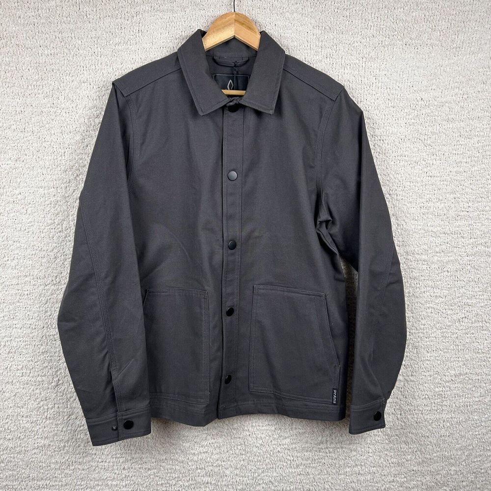Prana Jacket Mens Small Charcoal Grey Westside Organic Cotton Snap Front Coat